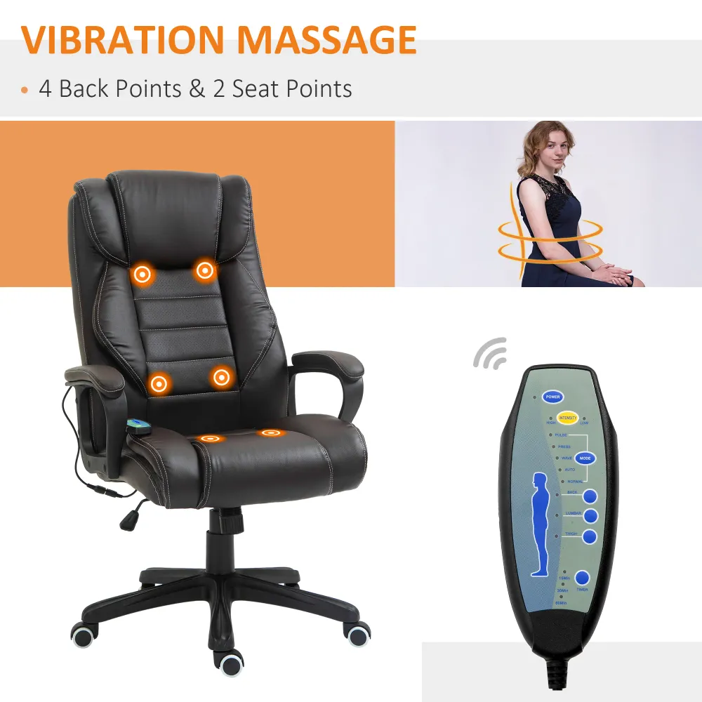 Fauteuil de bureau massant avec vibration à 6 points, marron Aosom