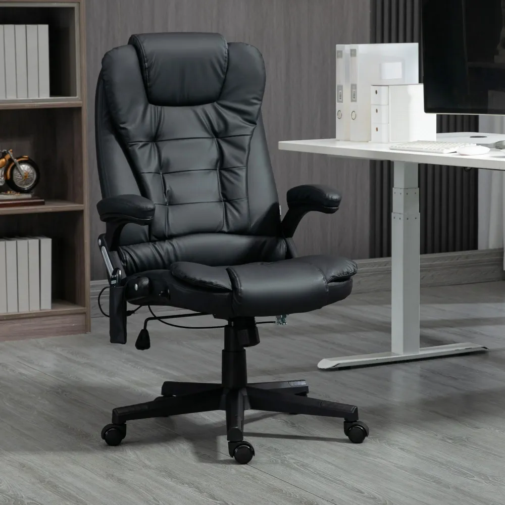 Fauteuil de bureau massant et chauffant, inclinable, pivotant, réglable, en cuir, noir Aosom