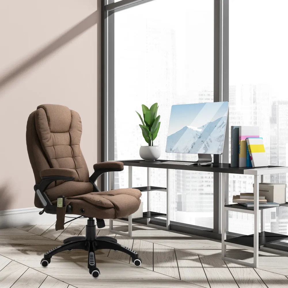 Fauteuil de bureau massant inclinable avec dossier haut et roulettes pivotantes, marron Aosom