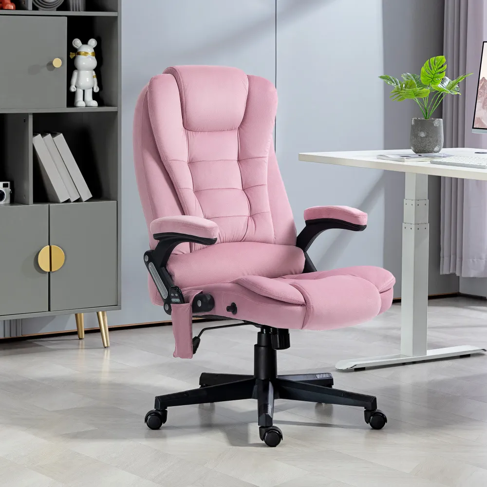 Fauteuil de bureau massant inclinable avec dossier haut et roulettes pivotantes, rose Aosom