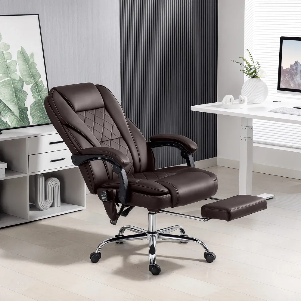Fauteuil de bureau massant inclinable avec hauteur réglable et repose-pieds, marron foncé Aosom