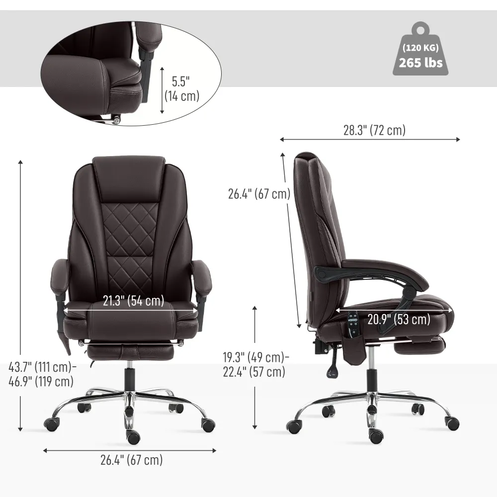 Fauteuil de bureau massant inclinable avec hauteur réglable et repose-pieds, marron foncé Aosom
