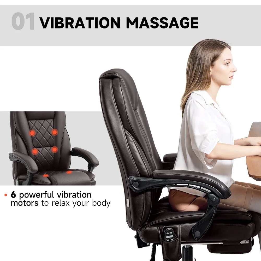 Fauteuil de bureau massant inclinable avec hauteur réglable et repose-pieds, marron foncé Aosom