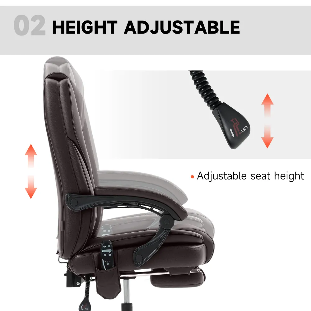 Fauteuil de bureau massant inclinable avec hauteur réglable et repose-pieds, marron foncé Aosom