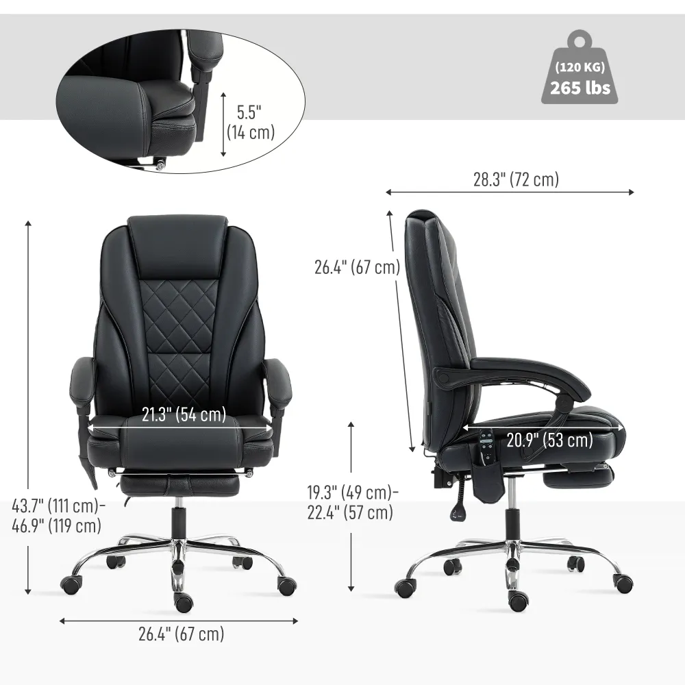 Fauteuil de bureau massant inclinable avec hauteur réglable et repose-pieds, noir Aosom