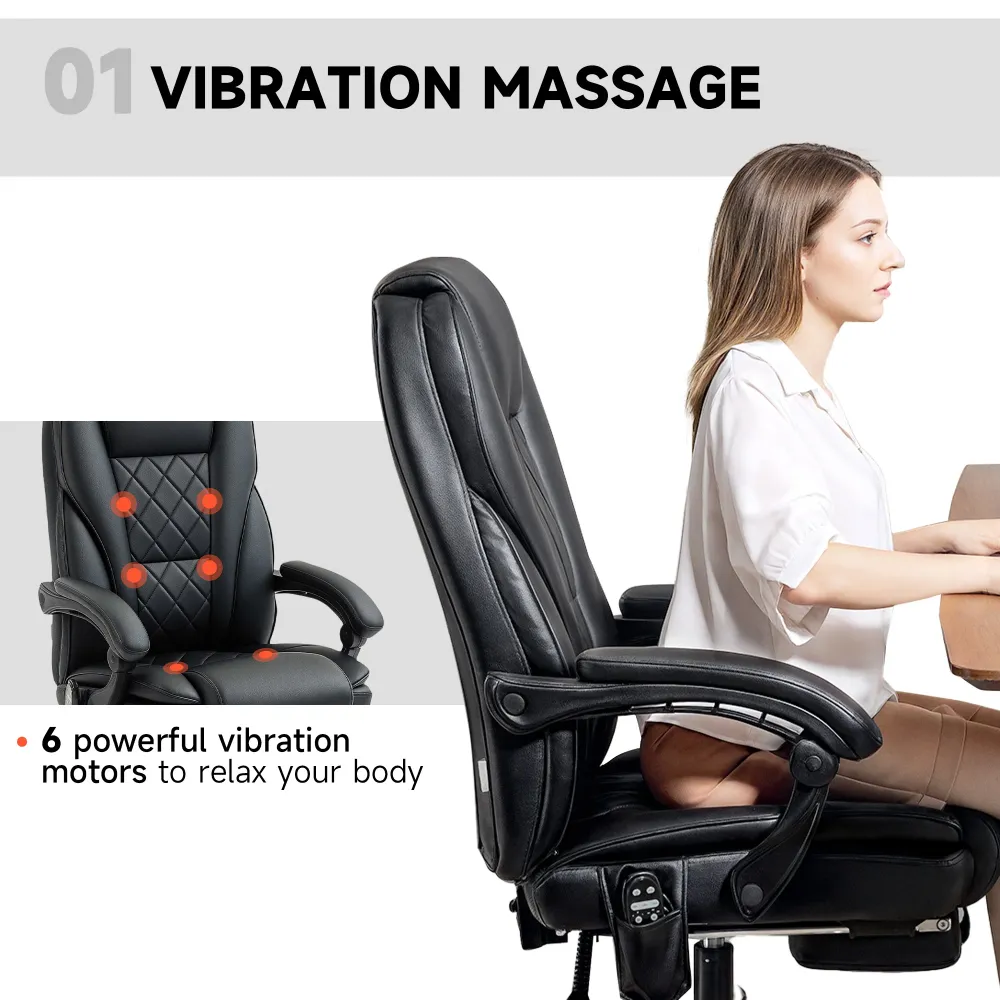 Fauteuil de bureau massant inclinable avec hauteur réglable et repose-pieds, noir Aosom