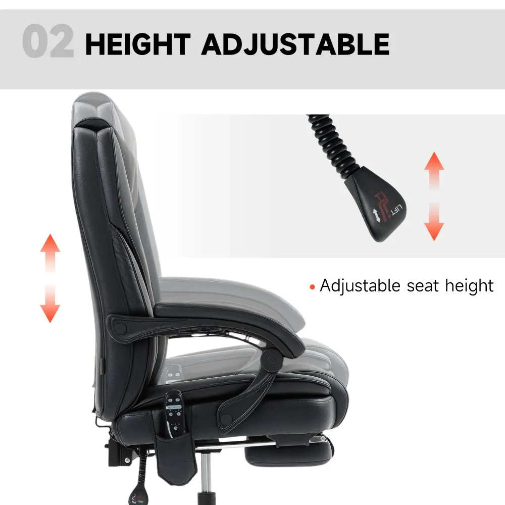 Fauteuil de bureau massant inclinable avec hauteur réglable et repose-pieds, noir Aosom