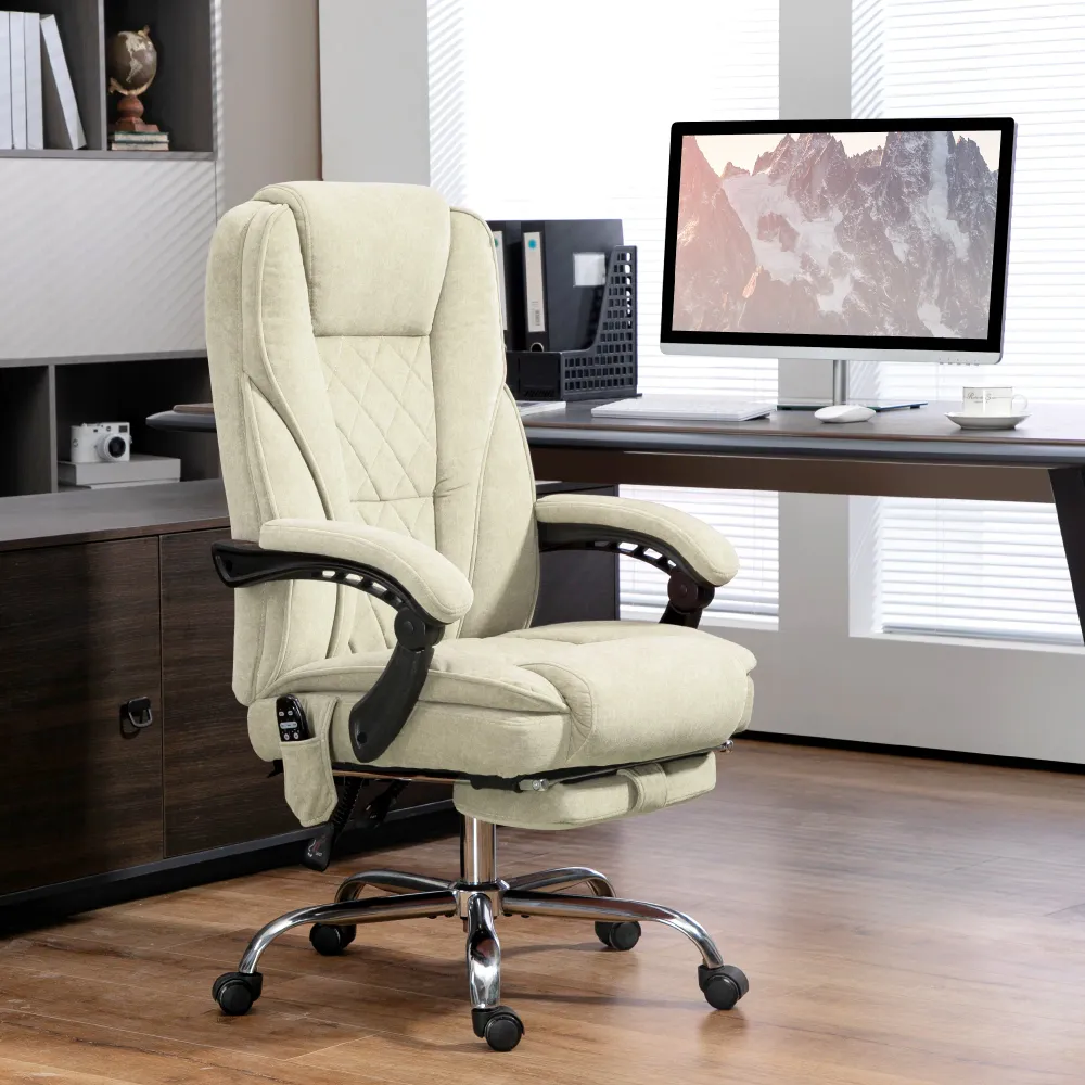 Fauteuil de bureau massant inclinable avec hauteur réglable et repose-pieds, beige Aosom