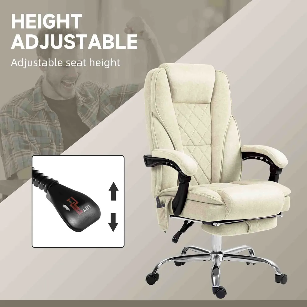 Fauteuil de bureau massant inclinable avec hauteur réglable et repose-pieds, beige Aosom