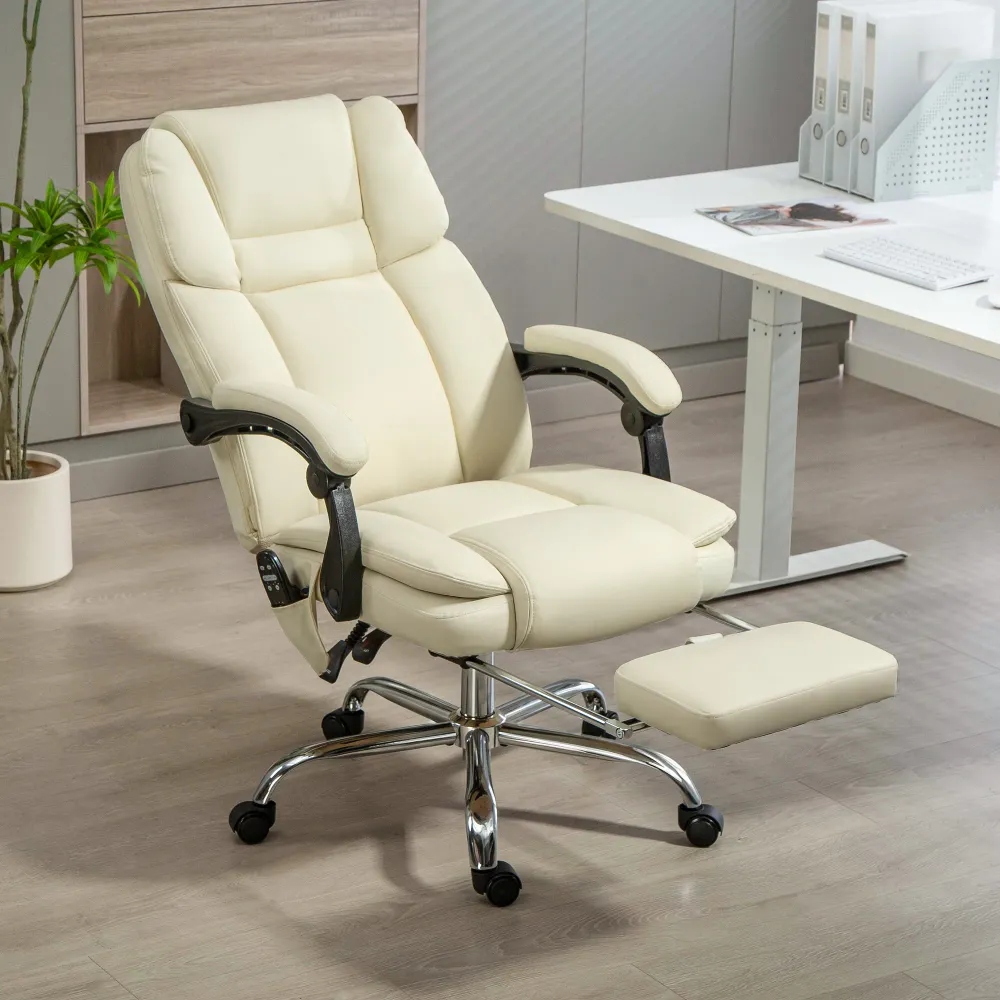 Fauteuil de bureau massant inclinable avec vibration à 6 points, repose-pieds et dossier haut, blanc Aosom