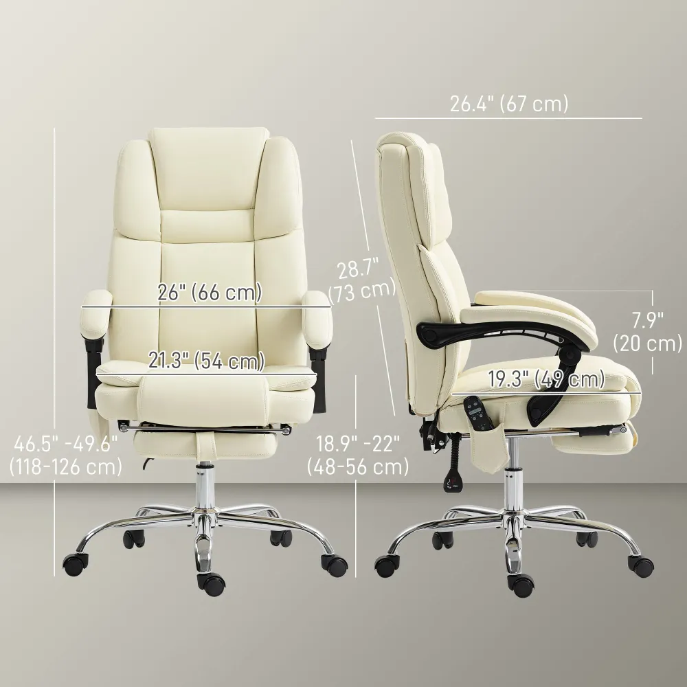 Fauteuil de bureau massant inclinable avec vibration à 6 points, repose-pieds et dossier haut, blanc Aosom