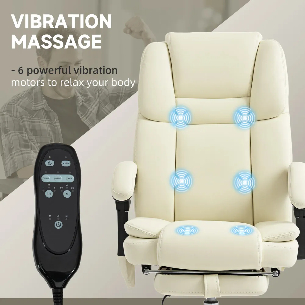 Fauteuil de bureau massant inclinable avec vibration à 6 points, repose-pieds et dossier haut, blanc Aosom