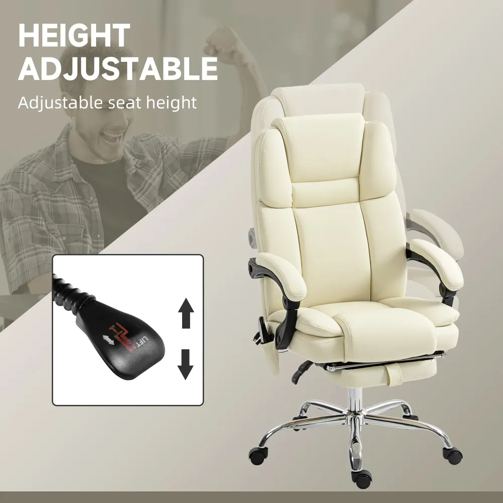 Fauteuil de bureau massant inclinable avec vibration à 6 points, repose-pieds et dossier haut, blanc Aosom