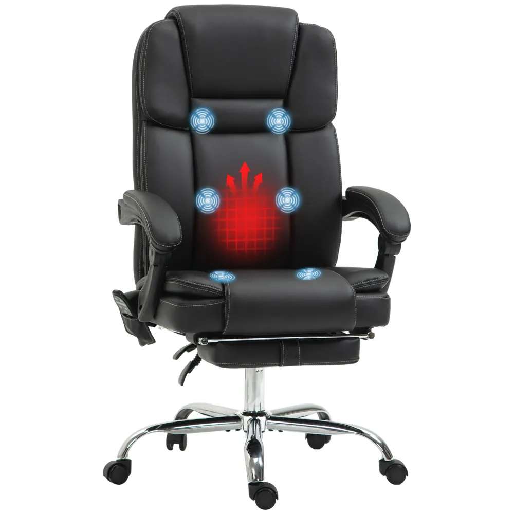 Fauteuil de bureau massant inclinable avec vibration à 6 points, repose-pieds et dossier haut, noir Aosom