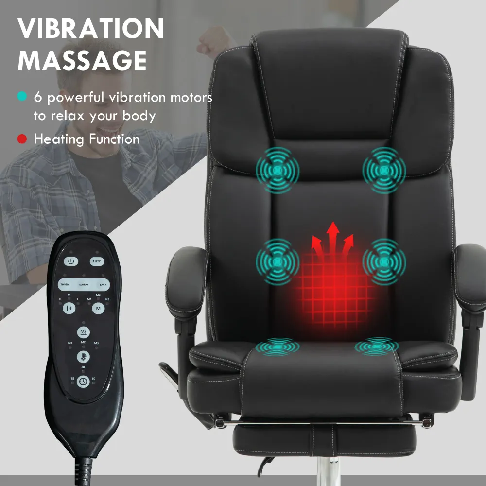 Fauteuil de bureau massant inclinable avec vibration à 6 points, repose-pieds et dossier haut, noir Aosom