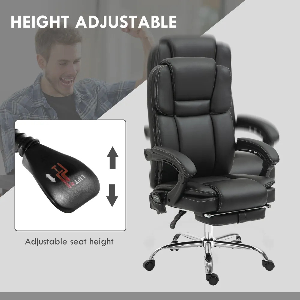 Fauteuil de bureau massant inclinable avec vibration à 6 points, repose-pieds et dossier haut, noir Aosom