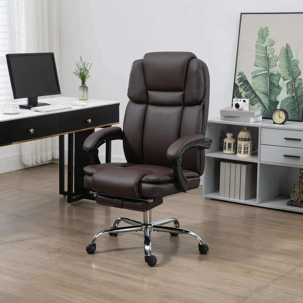 Fauteuil de bureau massant inclinable avec vibration à 6 points, repose-pieds et dossier haut, marron foncé Aosom