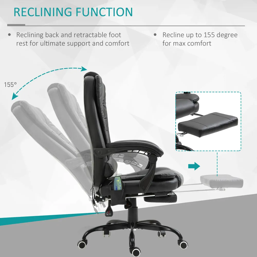 Fauteuil de bureau masseur inclinable avec repose-pieds, noir Aosom