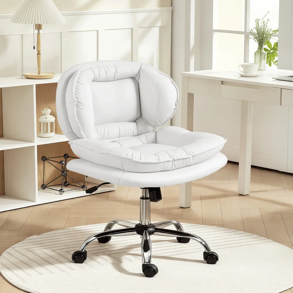 Fauteuil de bureau pivotant large avec revêtement en similicuir, inclinable, sans accoudoirs, blanc Aosom