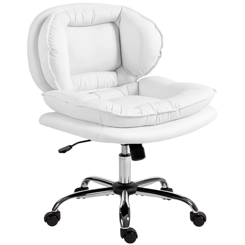Fauteuil de bureau pivotant large avec revêtement en similicuir, inclinable, sans accoudoirs, blanc Aosom