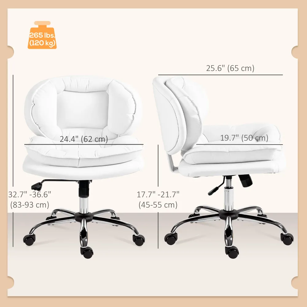 Fauteuil de bureau pivotant large avec revêtement en similicuir, inclinable, sans accoudoirs, blanc Aosom