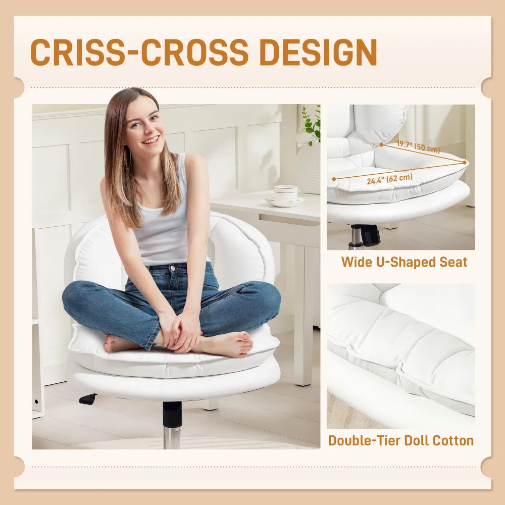 Fauteuil de bureau pivotant large avec revêtement en similicuir, inclinable, sans accoudoirs, blanc Aosom