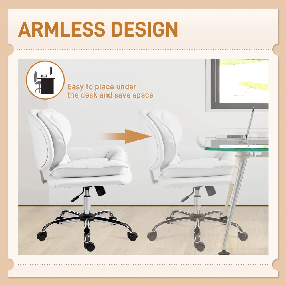 Fauteuil de bureau pivotant large avec revêtement en similicuir, inclinable, sans accoudoirs, blanc Aosom