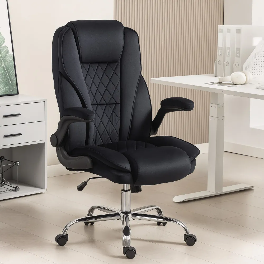 Fauteuil de bureau en tissu à motif diamant, noir. Aosom