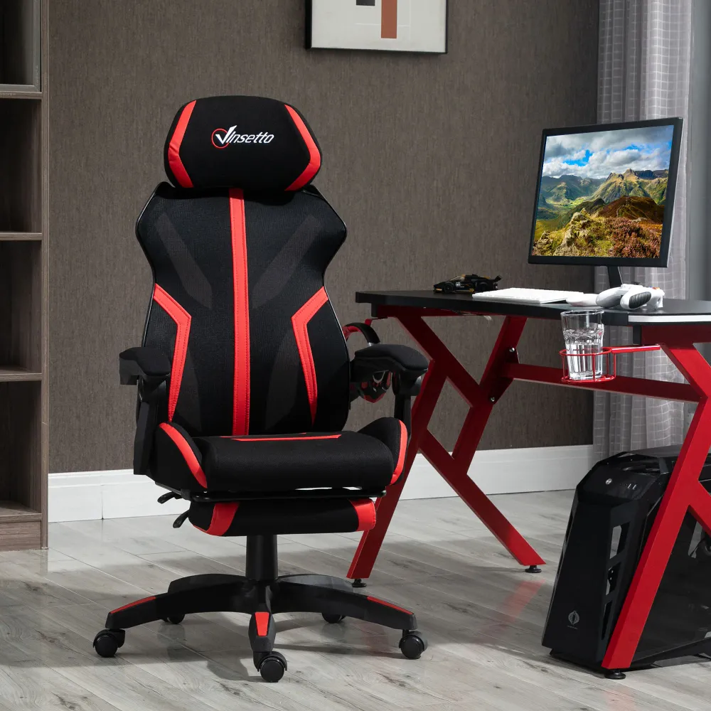 Fauteuil de gaming ergonomique avec repose-pieds, noir et rouge. Aosom