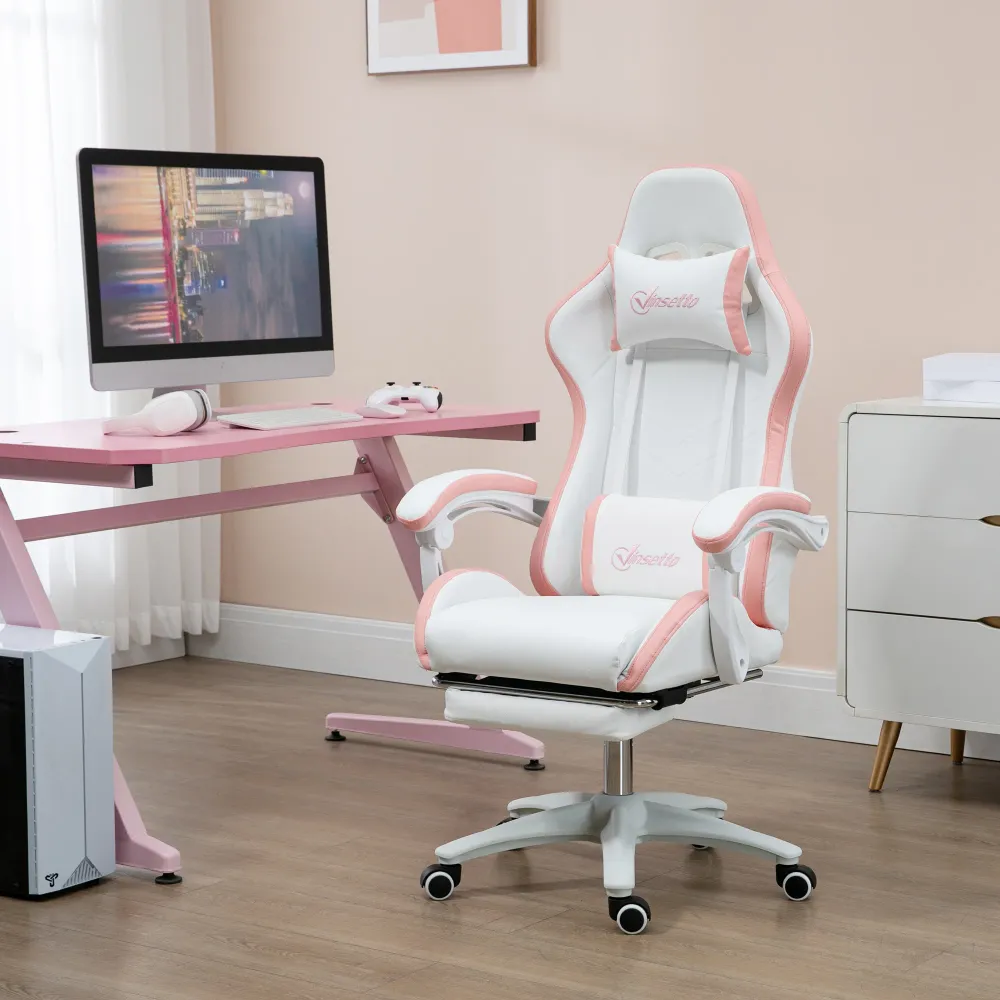 Fauteuil de jeu en cuir PU avec repose-pieds, dossier inclinable, blanc Aosom