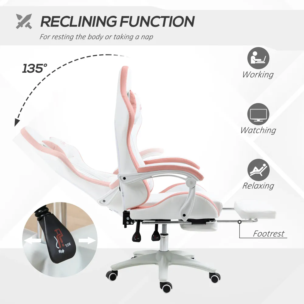 Fauteuil de jeu en cuir PU avec repose-pieds, dossier inclinable, blanc Aosom