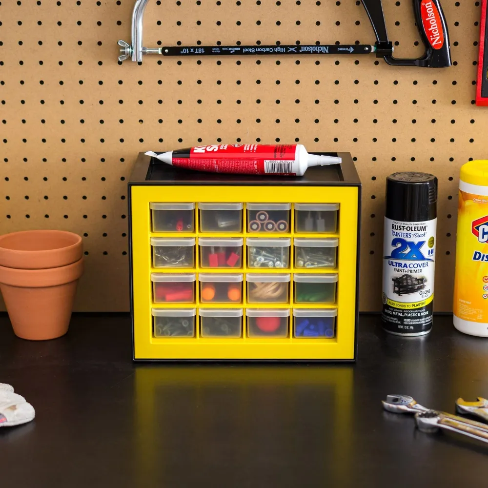Armoire à pièces à 16 tiroirs, noir/jaune