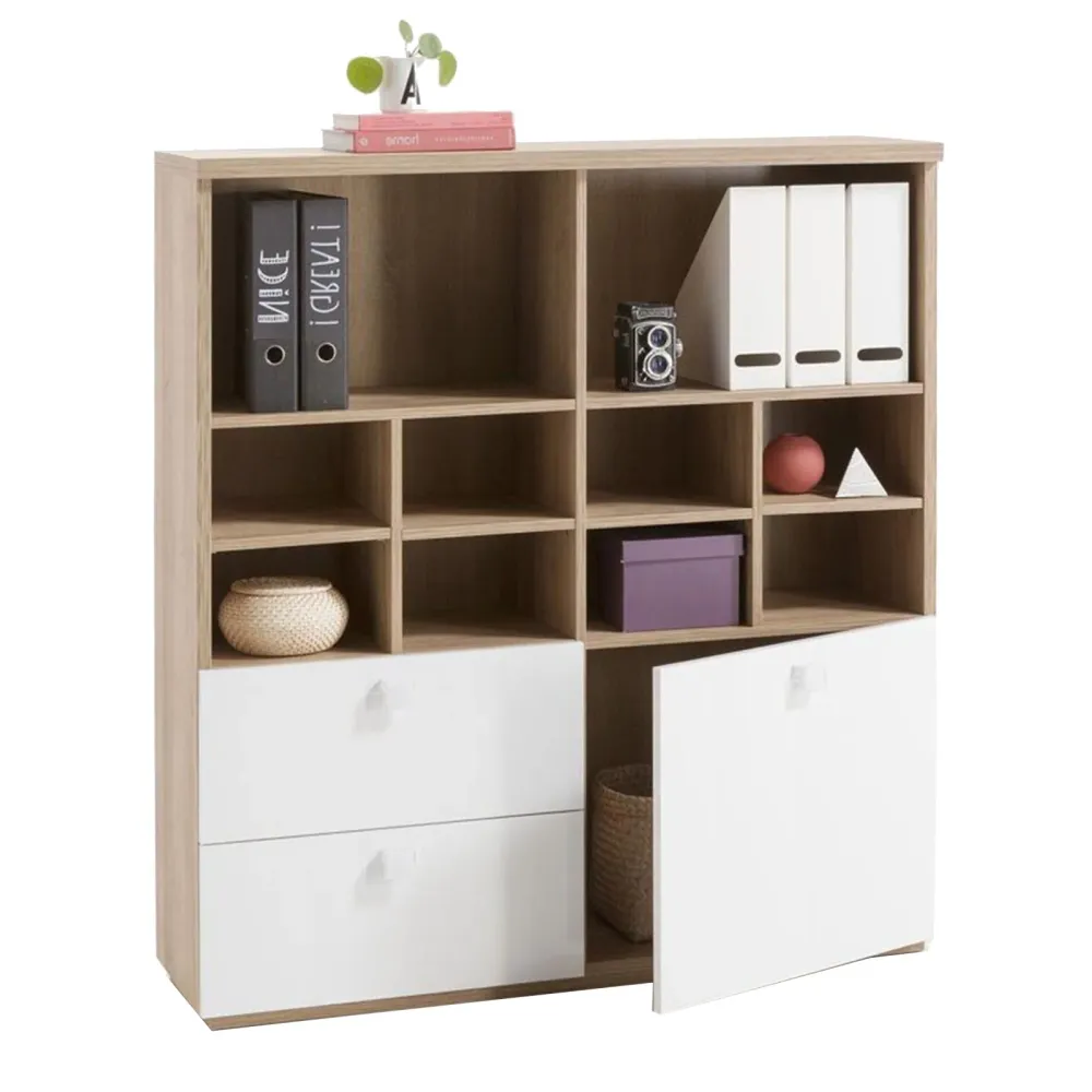 Bibliothèque Globo avec 1 porte et 2 tiroirs en blanc brillant et chêne h 130 cm "Made Italy"