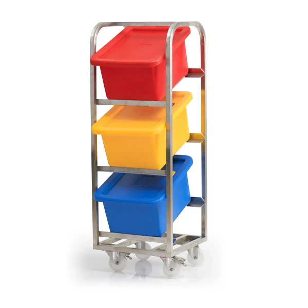 3 Bin Ingredients Trolley – Stainless Steel | Mobile Storage Rack 34 Litre Rectangular Containers | Free Delivery