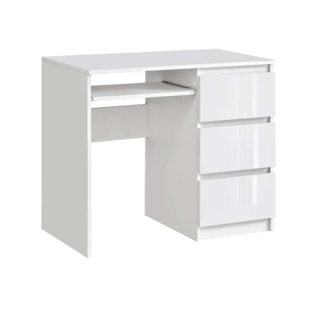 BRUNO - Bureau d'ordinateur - 3 Tiroirs et Plateau pour Clavier - H76cm L90cm P50cm - Droit (Blanc/Blanc Brillant)