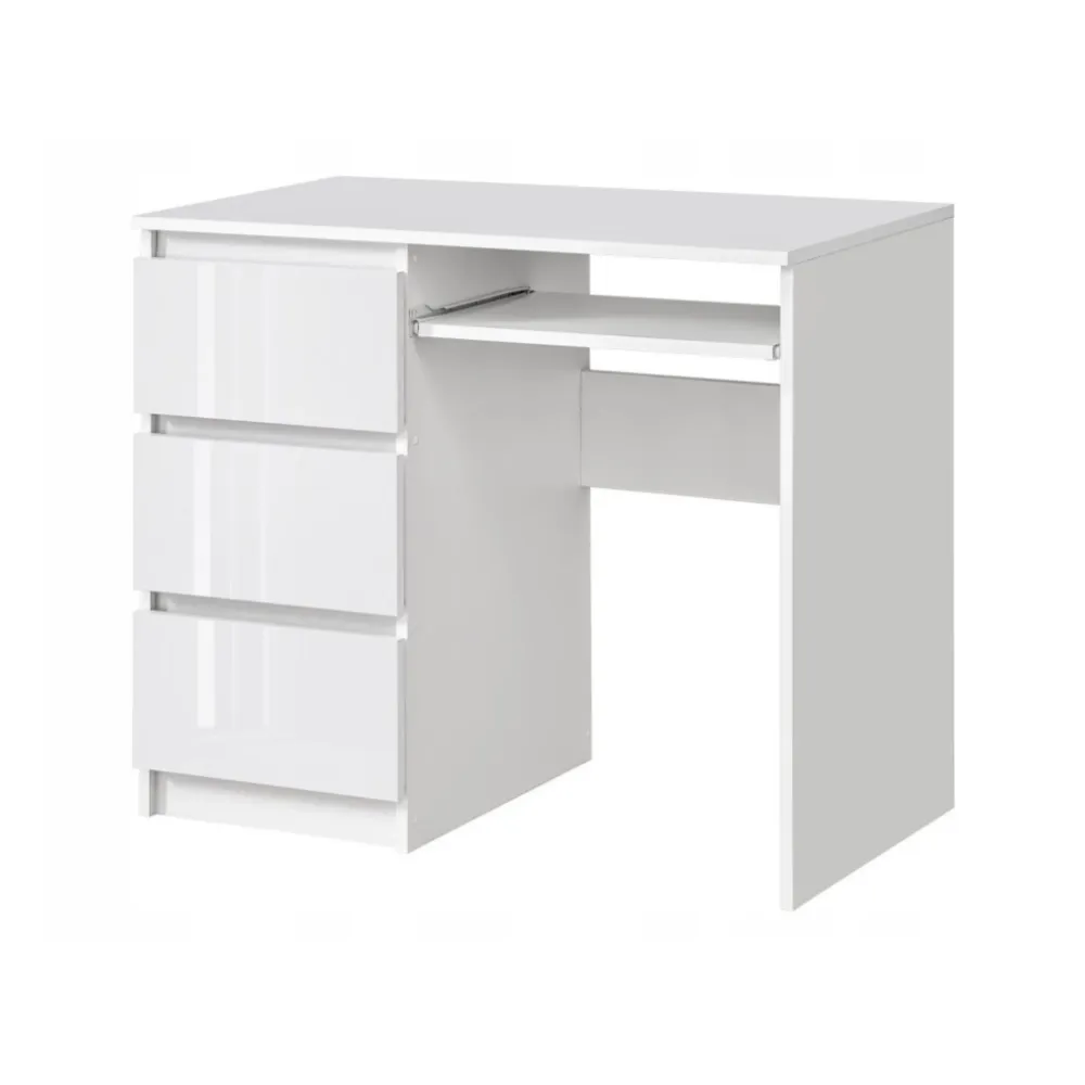 BRUNO - Bureau d'ordinateur - 3 Tiroirs et Plateau pour Clavier - H76cm L90cm P50cm - Gauche (Blanc/Blanc Brillant)
