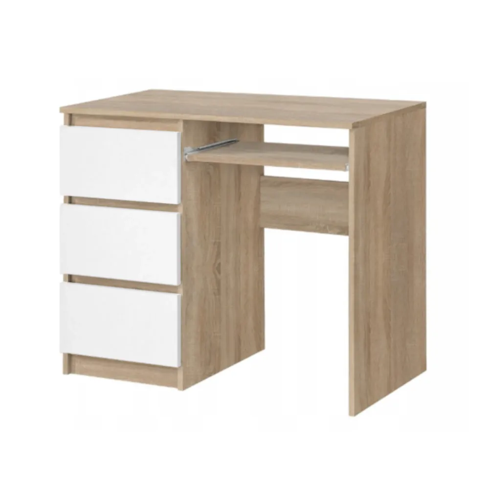 BRUNO - Bureau d'ordinateur - 3 Tiroirs et Plateau pour Clavier - H76cm L90cm P50cm - Gauche (Chêne Sonoma/Blanc)