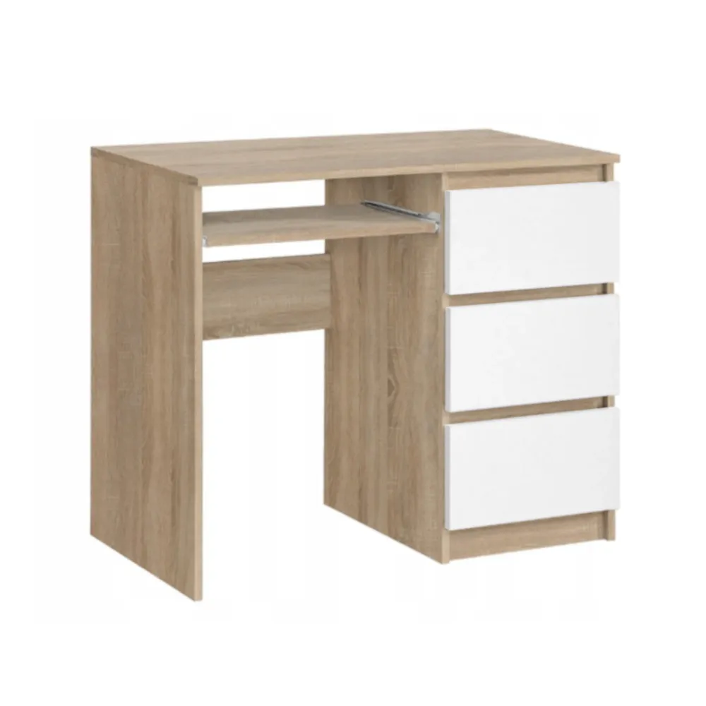 BRUNO - Bureau d'ordinateur - 3 Tiroirs et Plateau pour Clavier - H76cm L90cm P50cm - Droit (Chêne Sonoma/Blanc)