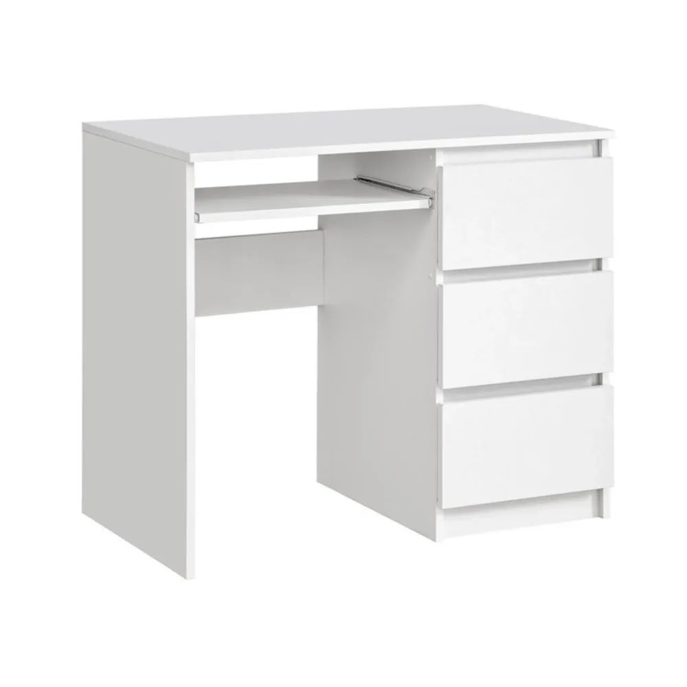BRUNO - Bureau d'ordinateur - 3 Tiroirs et Plateau pour Clavier - H76cm L90cm P50cm - Droit (Blanc)