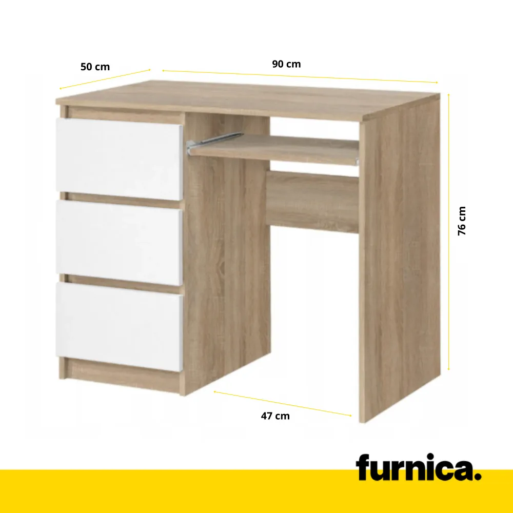 BRUNO - Bureau d'ordinateur - 3 Tiroirs et Plateau pour Clavier - H76cm L90cm P50cm - Gauche (Chêne Sonoma/Blanc)