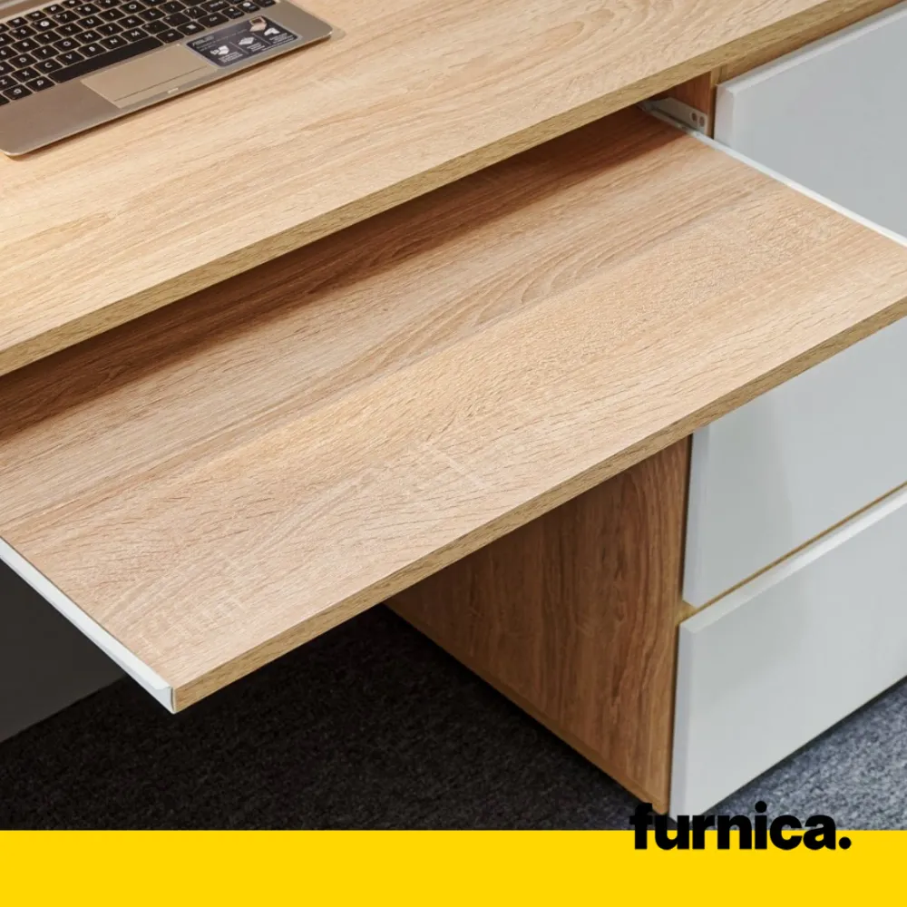 BRUNO - Bureau d'ordinateur - 3 Tiroirs et Plateau pour Clavier - H76cm L90cm P50cm - Gauche (Chêne Sonoma/Blanc)