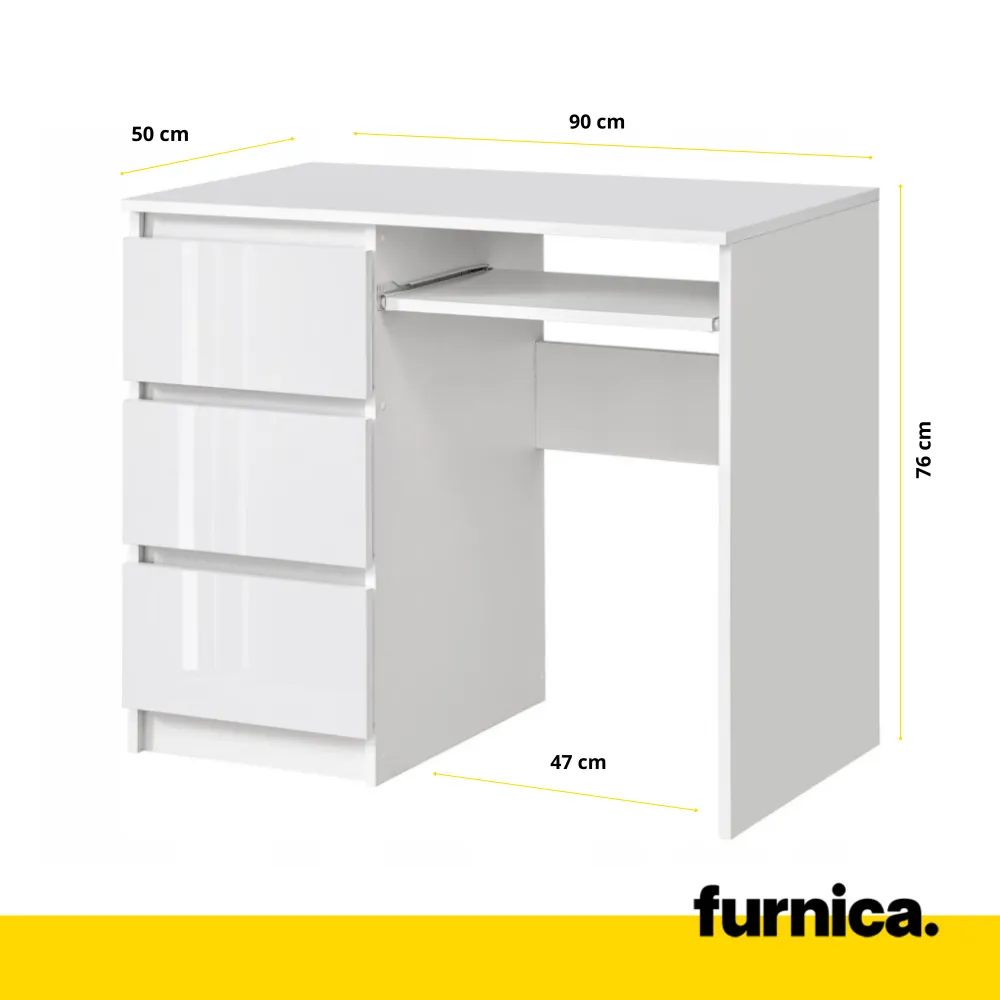 BRUNO - Bureau d'ordinateur - 3 Tiroirs et Plateau pour Clavier - H76cm L90cm P50cm - Gauche (Blanc/Blanc Brillant)