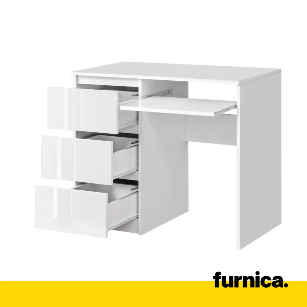 BRUNO - Bureau d'ordinateur - 3 Tiroirs et Plateau pour Clavier - H76cm L90cm P50cm - Gauche (Blanc/Blanc Brillant)