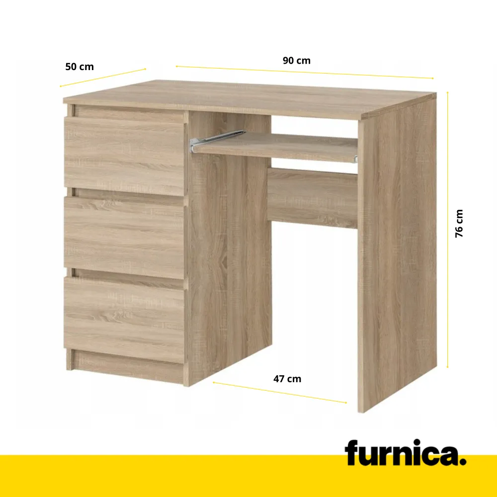 BRUNO - Bureau d'ordinateur - 3 Tiroirs et Plateau pour Clavier - H76cm L90cm P50cm - Gauche (Chêne Sonoma)