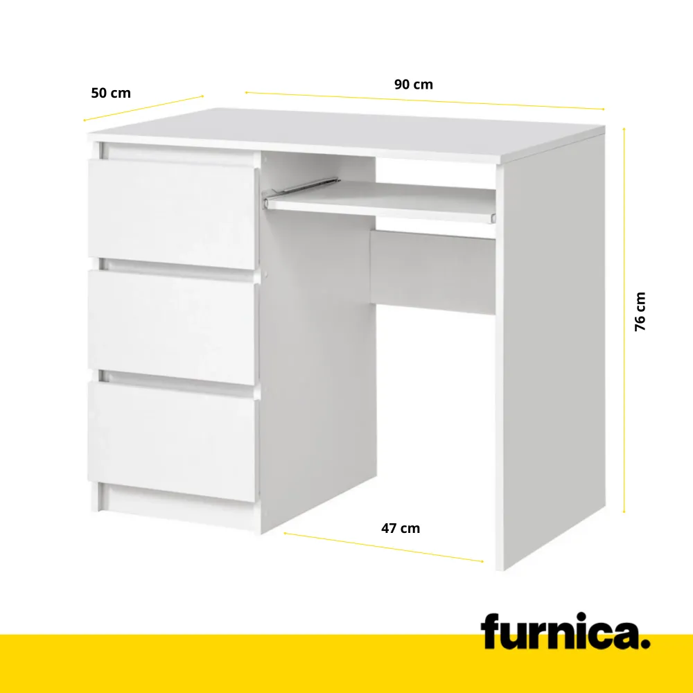 BRUNO - Bureau d'ordinateur - 3 Tiroirs et Plateau pour Clavier - H76cm L90cm P50cm - Gauche (Blanc)
