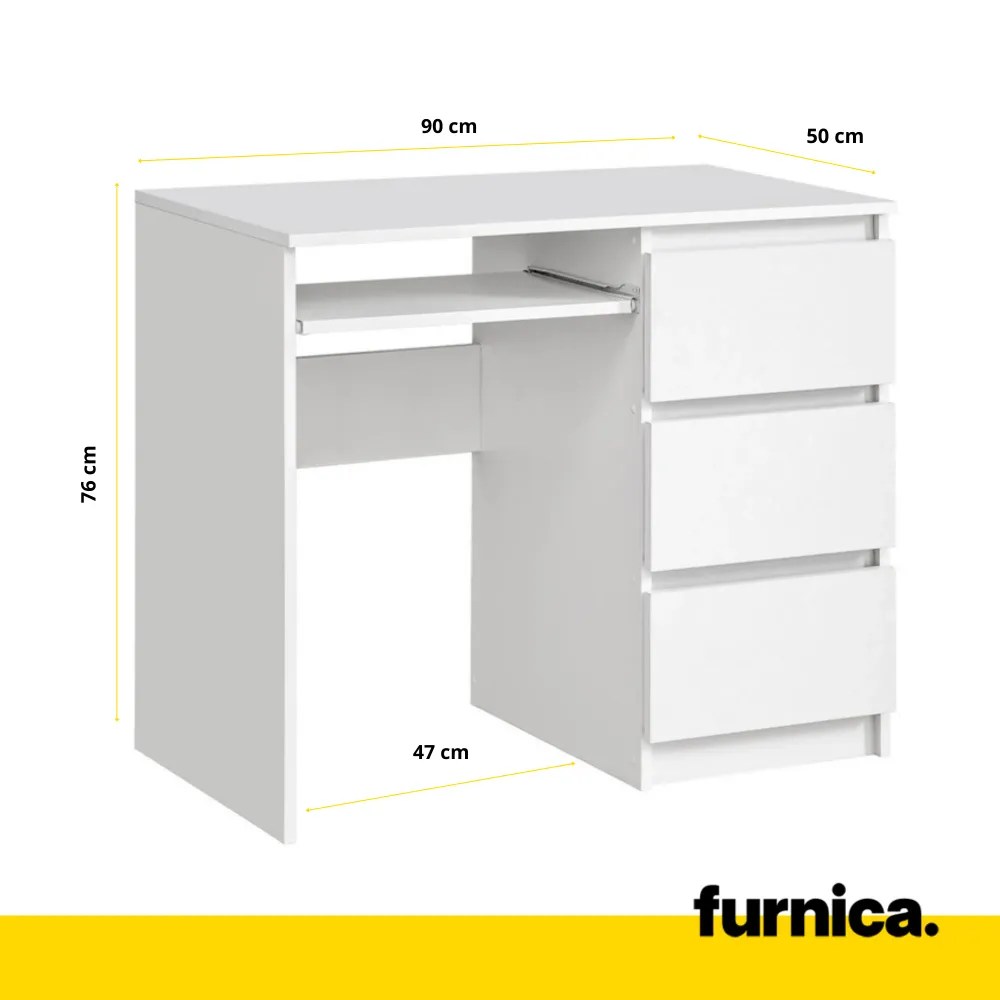 BRUNO - Bureau d'ordinateur - 3 Tiroirs et Plateau pour Clavier - H76cm L90cm P50cm - Droit (Blanc)