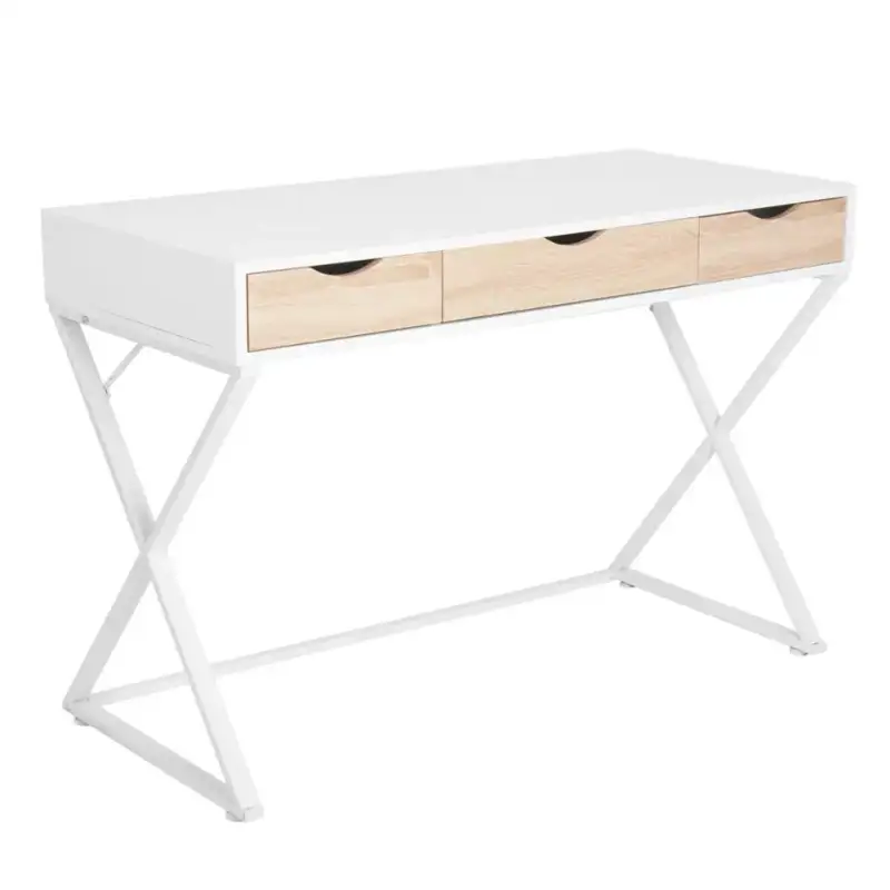 BukkitBow - Bureau avec 3 tiroirs - Bois et métal - Blanc - Design imperméable et résistant aux rayures - 110x50cm