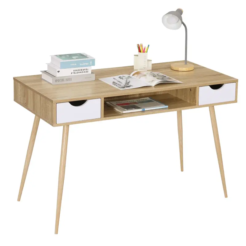 BukkitBow - Bureau avec 2 tiroirs et compartiment ouvert - Matériau Chêne Massif - 120x58cm