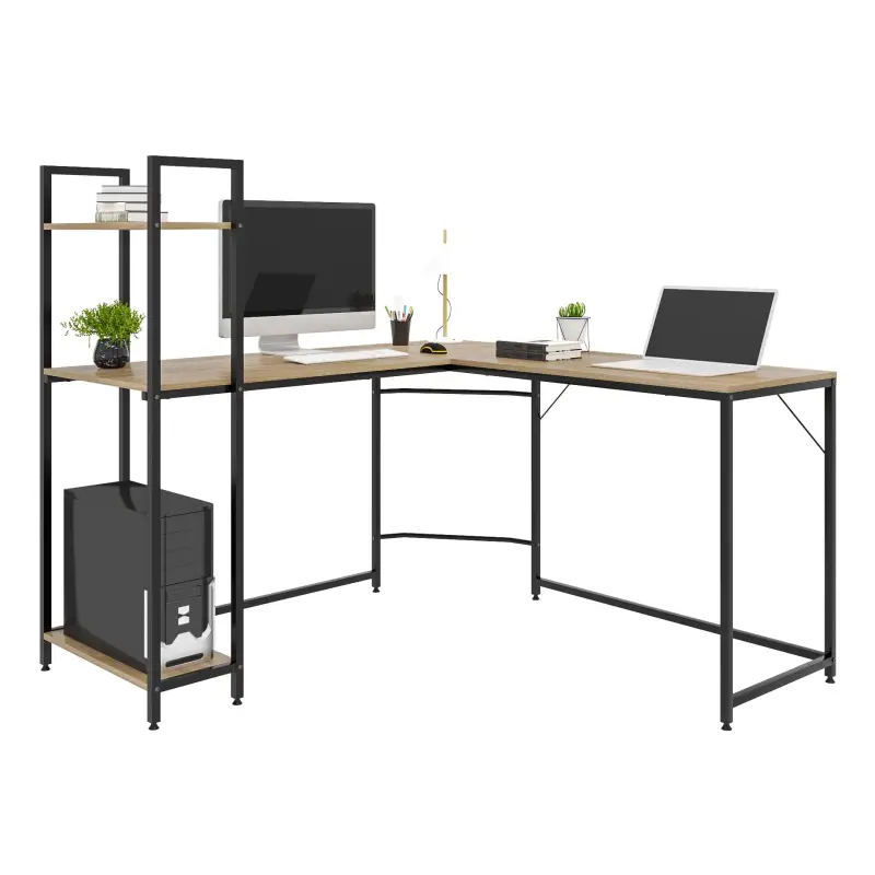 BukkitBow - Bureau d'Angle avec Compartiments de Rangement - Aggloméré et Tubes d'Acier - Chêne Clair et Noir - 138x50cm e...