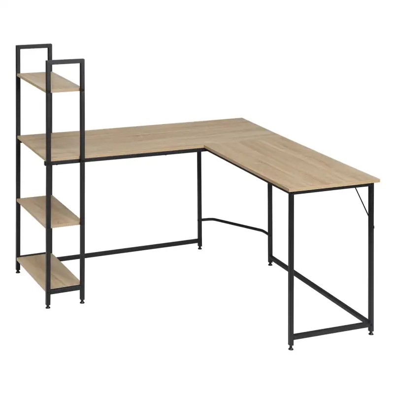 BukkitBow - Bureau d'Angle avec Compartiments de Rangement - Aggloméré et Tubes d'Acier - Chêne Clair et Noir - 138x50cm e...